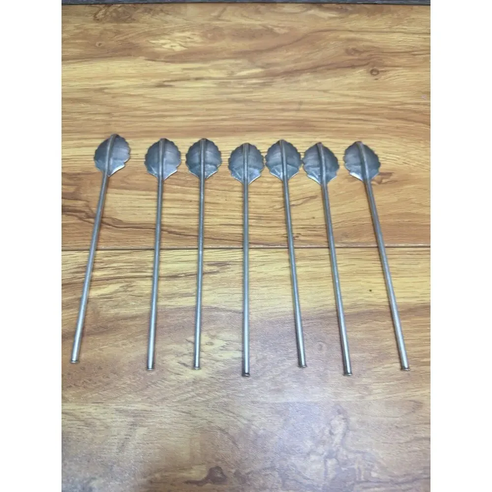 Vintage H & Co Silver Tone Leaf Sipper Straws Iced Tea Spoons 7-1/4” ~Set of 7